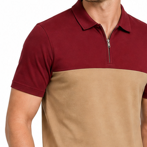 เสื้อโปโลผู้ชาย คอซิป แขนสั้น ทรงลำลอง สีทูโทน สีมารูนเบจ - Product Image 3