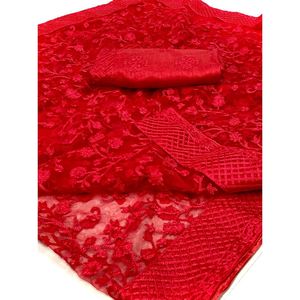 ผ้าส่าหรีสำหรับงานปักตาข่ายสีแดงดีไซน์เนอร์ - Product Image 2