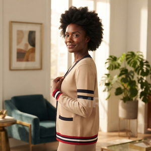 HMR Acrylic Sisterhood Sorority V Neck Stylish Women Winter Wear <b>Cardigan</b> Beige <b>Navy</b> Trim Knitted Sweater - Product Image 3