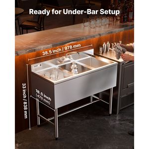 Lavello Commerciale in Acciaio Inossidabile 304 Calibro 18, Dimensioni Vasca 25x35x25 cm, 3 Scomparti, per Cucina Commerciale/Bar, Fabbricazione in Acciaio - Product Image 3