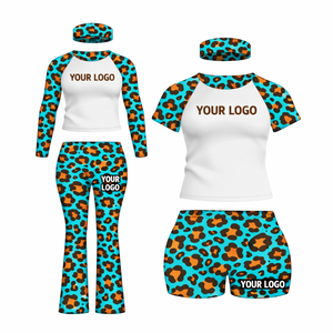 Ensemble de yoga imprimé léopard pour femme avec logo personnalisé, haut court, leggings et shorts, tenue de fitness 2 pièces, vêtements de sport sans couture - Product Image 3