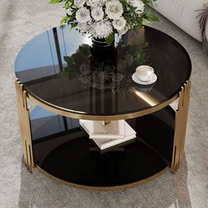 Modern Asymmetrical Metal Coffee <b>Table</b> with Black <b>Mirror</b> <b>Top</b> and Gold Finish Circular Metal Drum Base with Lower Shelf - Product Image 2