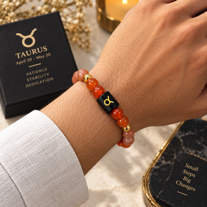Pulsera de Cristal Premium del Zodiaco Tauro con Cuentas de Piedra del Sol, Patrón de Cabeza de Toro y Etiqueta de Cobre con Símbolo Sánscrito - Product Image 5