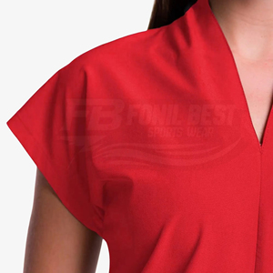 Women <b>Red</b> V Neck Scrub Set Polyester Woven Hospital Uniform Pants With Cap Sleeve Top For Medical Staff - Product Image 4