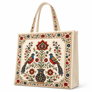 Sac fourre-tout en toile de coton à motif floral et oiseaux avec cordon de serrage, motif bohème par transfert thermique, sac à bandoulière pour les courses quotidiennes et les voyages - Product Image 2