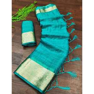 CRÉATEUR ORGANZA SOIE JACQUARD TISSANT SÉQUENCE TRAVAIL SAREE AVEC BLOUSE INCOSÉE VERT DE MER - Product Image 1