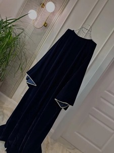 Vestidos Casuales de Terciopelo Azul Oscuro para Mujer, Transpirables, Elegantes, con Cuello Bordado, Estilo Farasha Abaya, Holgados, Talla Grande, Manga Larga - Product Image 5