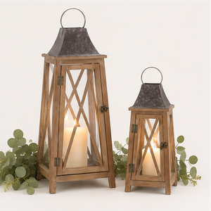 Stylish Eco-Friendly Wooden Candle <b>Lantern</b> <b>Set</b> Metal Top Modern X-Frame Floor <b>Lanterns</b> for Christmas Indoor Outdoor Home Decor - Product Image 4