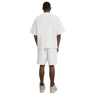 Ensemble t-shirt et short en coton pour homme, couleur unie, col rond, vêtements décontractés d'été avec impression de logo, tissu tricoté respirant - Product Image 3
