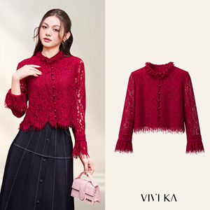 Blusa Roja de Encaje para Mujer con Cuello Peter Pan, Manga Trompeta, Volantes, Capa Transparente, Elegante, Casual, Corta, Transpirable, SUNE - Product Image 1