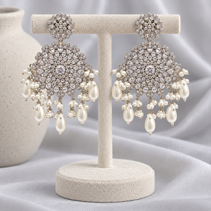 Silver Plated Clear Stone Floral Chandelier Earrings with Faux Pearl Drops <b>Pakistani</b> Bridal <b>Jewelry</b> Wholesale Manufacturer - Product Image 1
