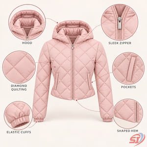 Chaqueta Larga Acolchada Rosa Palo Personalizada para Mujer, con Capucha Acolchada de Diamantes, para Todas las Estaciones, Relleno Transpirable, Forro de Seda, Gorro Desmontable - Product Image 4