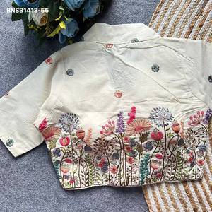 Chemise élégante en coton Khadi avec motif floral-arbre-animal brodé multi-fils, col halter, mode féminine - Product Image 6