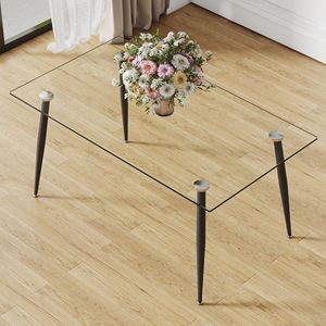 Tavolo da pranzo rettangolare moderno con piano in vetro temperato 4-6 posti gambe in metallo nero per cucina sala da pranzo scrivania - Product Image 1