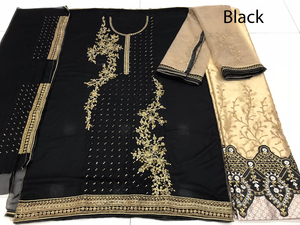 Ensemble de vêtements indiens et pakistanais en georgette lourde, richement brodés et ornés de pierres, comprenant un lehenga, un haut et un dupatta, entièrement cousu. - Product Image 3