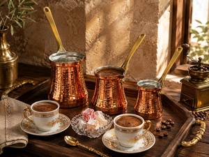 ชุดกาแฟทองเหลืองสไตล์ตะวันออกกลาง ชุดหม้อกาแฟตุรกี 3 ใบ รูปทรงกลม ดีไซน์ดั้งเดิม พร้อมด้ามจับไม้ - Product Image 6