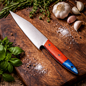 Couteau de chef artisanal écologique en acier inoxydable avec manche en résine ambidextre et étui en cuir vintage - Cadeau pour la fête des pères - Product Image 2