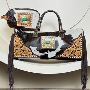 Moda personalizable moda cuero de vaca genuino turquesa Sone Duffle & neceser 2 piezas conjunto combinado con flecos para mujer - Product Image 4