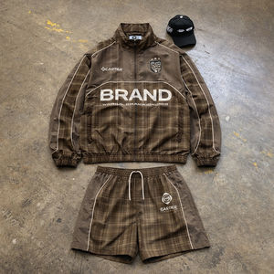 Conjunto corto de nailon personalizado para hombre, cortavientos ligero, chándal a cuadros, ropa de calle, conjunto de verano, chaqueta con cremallera, alta calidad - Product Image 1