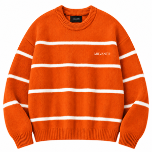 Orange Custom Logo <b>Men</b>’s Striped Knit <b>Sweater</b> Cotton Acrylic Blend <b>Crew</b> <b>Neck</b> Long Sleeve Pullover Jumper Premium <b>Sweater</b> - Product Image 1