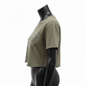 Cotton Jersey Women Crop <b>Top</b> T Shirt Olive Green Fashion Tee Custom <b>Rhinestone</b> Heat Transfer Logo Women Crop <b>top</b> Shirt Cotton - Product Image 6