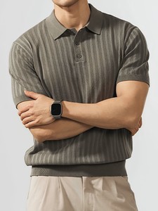 Polo en maille côtelée gris pour homme, manches courtes, boutonné, couleur unie, respirant, style Old Money, idéal pour l'été - Product Image 1