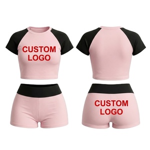 Conjunto Deportivo de Dos Piezas para Mujer, Top Corto y Pantalones Cortos en Rosa y Negro con Contraste, Logotipo Personalizado, Transpirable, de Algodón y Elastano, para Primavera/Verano - Product Image 3