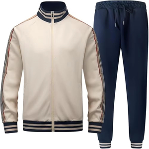 <b>Men's</b> Sporty Tracksuit Set Cream Navy Striped Full Sleeve Zipper <b>Jacket</b> Jogger Pants Breathable Autumn Wear Regular Fit - Product Image 1