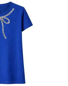 Camiseta de Algodón Azul Personalizada para Mujer con Diseño de Lazo de Diamantes de Imitación, Manga Corta, Cuello Redondo, Top Casual de Moda para Mujer, Venta al por Mayor OEM Personalizada - Product Image 4