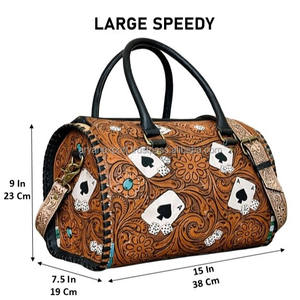 Bolso de mano grande de cuero repujado a mano estilo western con diseño de As de Espadas para mujer, bolso de viaje tipo barril, lindos bolsos de lona. - Product Image 2