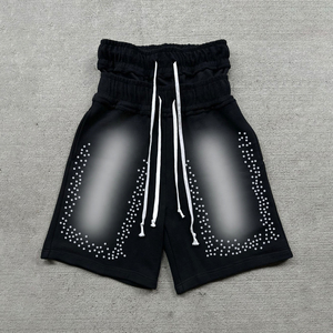 Shorts vintage délavés à l'acide avec double bande élastique et détails en strass, mode décontractée pour femmes et hommes, shorts d'été personnalisés OEM - Product Image 1