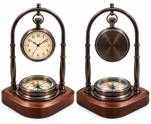 Horloge de bureau nautique vintage avec boussole, horloge murale antique en métal sur base en bois, décoration de bureau maritime de luxe, classique - Product Image 3