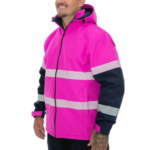 Men's <b>Pink</b> Hooded Puffer <b>Jacket</b> With Reflective Stripes <b>Waterproof</b> Polyester Winter Workwear Style Zipper Closure - Product Image 6