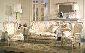 Luxury Solid Teak <b>Wood</b> <b>Sofa</b> Set French Neoclassical Silk Damask Carved Settee Couch 2 Armchairs Side Tables Living Furniture - Product Image 5
