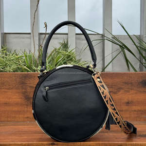 2025 Wholesale Trendy Hand Tooled Leather Round Bag Western Style Hair on Hide Fur Leather Canteen Crossbody & Shoulder Bag - Product Image 5