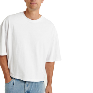 T-shirt blanc en coton surdimensionné pour homme, manches courtes, col rond, coupe décontractée, jersey uni, longueur standard - Product Image 3