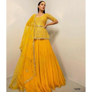 FANCY GEORGETTE SECUENCIA DE HILO TRABAJO TOP LEHENGA CON DUPATTA AMARILLO - Product Image 1