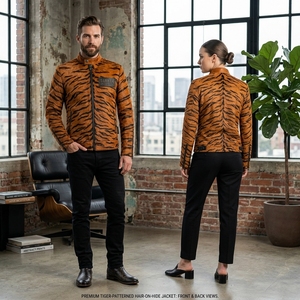 Custom Mens Tiger <b>Pattern</b> Hair-on-Hide Genuine Leather Jacket Wholesale Real Cowhide Moto Biker Stand Collar Slim Fit Coat - Product Image 5
