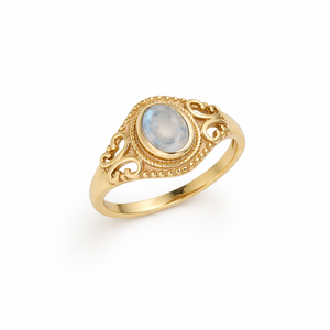 Natural Moonstone Oval Ring Gold Tone Filigree Band Vintage Style Handmade Elegant Designer Jewelry Ring for Women - Product Image 1