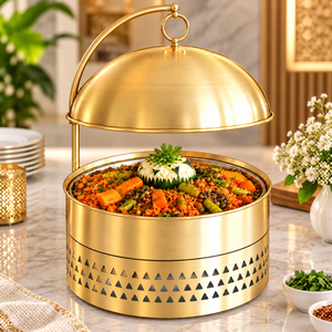 Recipiente para Calentar Comida Tipo Buffet, de Acero Inoxidable con Recubrimiento de Oro PVD, con Tapa de Cúpula, 8L, Acabado Pulido Antiguo, para Hostelería y Catering - Product Image 4