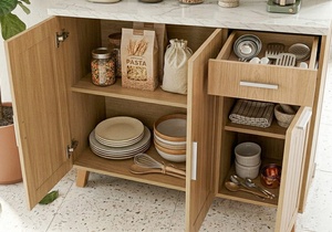 Mueble de Cocina Moderno de Aglomerado Essence K409ZV(L) con Encimera de Melamina Blanco Roble y Mármol, Cajón, Estante para Panadería y Soporte para Microondas - Product Image 2