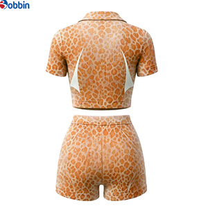 Conjunto Deportivo de 2 Piezas para Mujer con Estampado de Leopardo, Pantalones Cortos y Camiseta de Manga Corta con Cierre y Cuello Camisero, Transpirable, Tejido de Spandex y Poliéster, para Primavera - Product Image 2