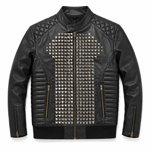 Blouson en cuir noir clouté OEM ODM Vente en gros pour hommes, style motard, respirant, imperméable, fabricant sous marque privée - Product Image 1
