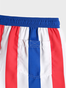 Shorts de Baño para Hombre, de Secado Rápido, con Rayas Rojas, Blancas y Azules, Cintura Media, Cordón Ajustable, Estampado por Sublimación - Product Image 6
