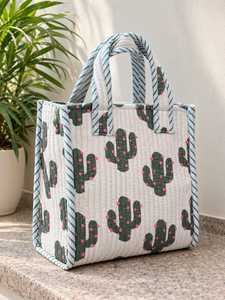 Bolso Tote de Algodón Acolchado con Estampado de Cactus de Veer Handicrafts, Asas a Rayas, Cierre de Cremallera, Bolso de Compras de Moda para Mujer, para Playa y Viajes - Product Image 2
