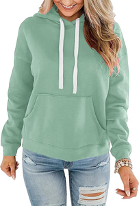 Sweat-shirt à capuche vert menthe pour femme, manches longues, tricoté, couleur unie, décontracté, respirant, vêtements d'hiver, poches, 100% coton - Product Image 2