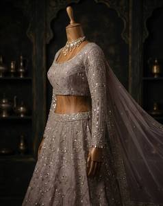 Ensemble Lengha Choli en tissu filet doux avec Dupatta, semi-couture, chemisier non cousu, séchage rapide, style vintage, longueur ras du sol, pour femme, mariage/fête/Diwali - Product Image 3