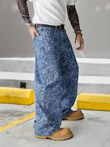 Jean en denim décontracté chic pour homme, coupe ample, respirant, délavé, jambe large, idéal pour le printemps - Product Image 2