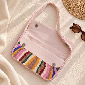 Bolso Bandolera de Ganchillo Hecho a Mano, Bolso de Hombro a Rayas Coloridas con Correa Rosa, Bolso Rectangular con Solapa - Product Image 4
