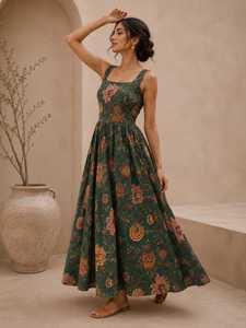 Robe longue bohème sans manches à imprimé floral vert, coupe trapèze, 100 % coton tissé, taille naturelle, idéale pour l'été et le quotidien (ODM) - Product Image 3